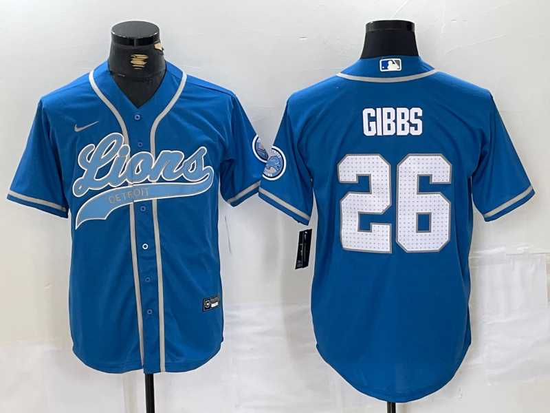 Mens Detroit Lions #26 Jahmyr Gibbs Blue With Patch Cool Base Stitched Baseball Jersey